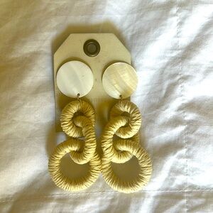 Anthropologie cream and white drop earrings mother of pearl ish top and raffia